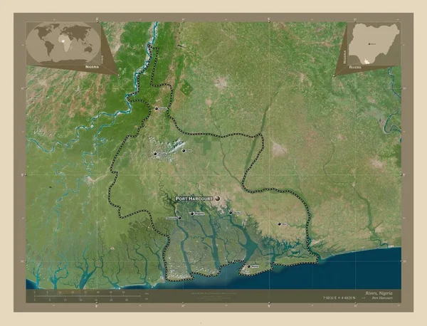 尼日利亚州的河流 高分辨率卫星地图 该区域主要城市的地点和名称 角辅助位置图 — 图库照片