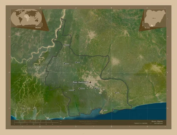 尼日利亚州的河流 低分辨率卫星地图 该区域主要城市的地点和名称 角辅助位置图 — 图库照片