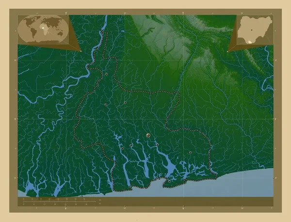 Rivieren Staat Nigeria Gekleurde Hoogtekaart Met Meren Rivieren Locaties Van — Stockfoto