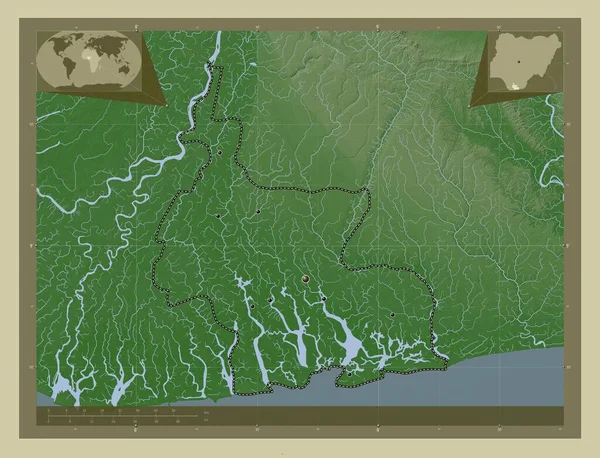 尼日利亚州的河流 用Wiki风格绘制的带有湖泊和河流的高程地图 该区域主要城市的所在地点 角辅助位置图 — 图库照片
