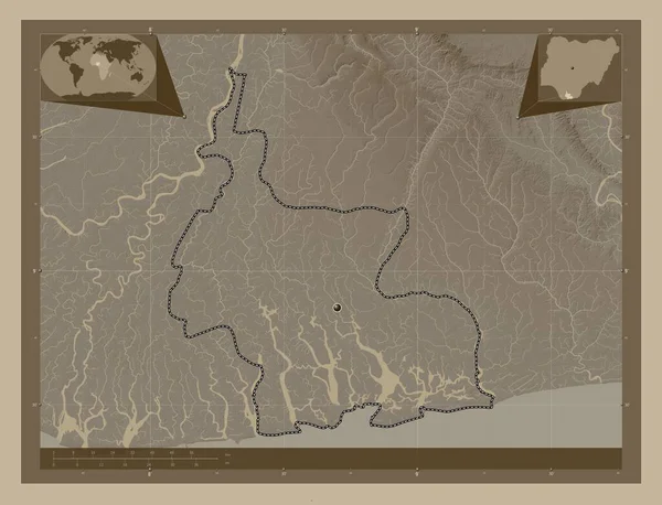 Реки Штат Нигерия Карта Высоты Окрашенная Сепиевые Тона Озерами Реками — стоковое фото
