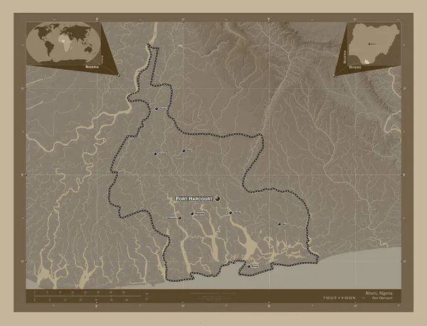 ナイジェリアの状態 湖や川とセピアトーンで着色された標高マップ 地域の主要都市の位置と名前 コーナー補助位置図 — ストック写真