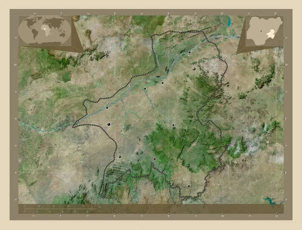 尼日利亚塔拉巴州 高分辨率卫星地图 该区域主要城市的所在地点 角辅助位置图 — 图库照片