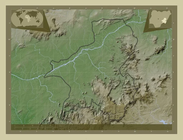 尼日利亚塔拉巴州 用Wiki风格绘制的带有湖泊和河流的高程地图 角辅助位置图 — 图库照片