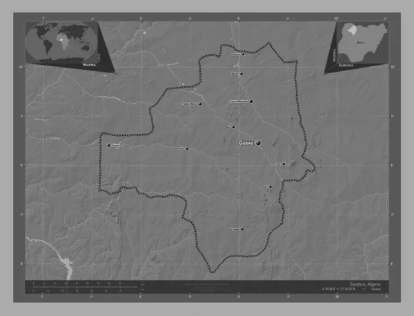 ナイジェリアのザンファラ州 湖や川と二階の標高マップ 地域の主要都市の位置と名前 コーナー補助位置図 — ストック写真