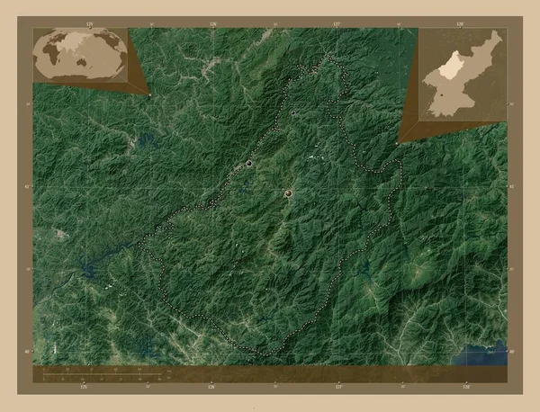 北朝鮮の省 チャガンド 低解像度衛星地図 地域の主要都市の場所 コーナー補助位置図 — ストック写真