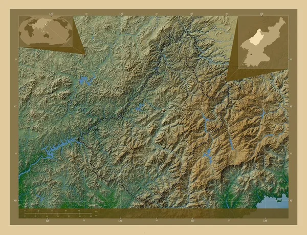 Чагандо Провинция Северная Корея Цветная Карта Высоты Озерами Реками Вспомогательные — стоковое фото