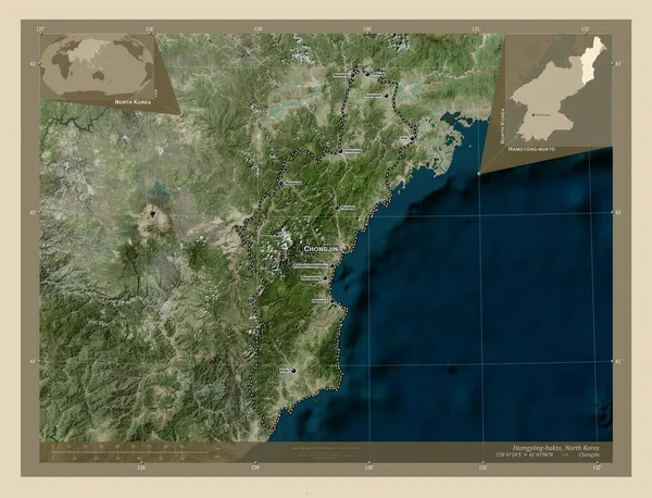 Hamgyong Bukto 北朝鲜省 高分辨率卫星地图 该区域主要城市的地点和名称 角辅助位置图 — 图库照片