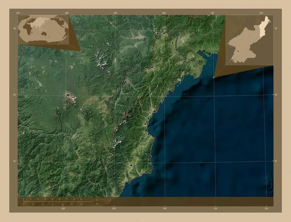 北朝鮮の省 Hamgyong Bukto 低解像度衛星地図 地域の主要都市の場所 コーナー補助位置図 — ストック写真