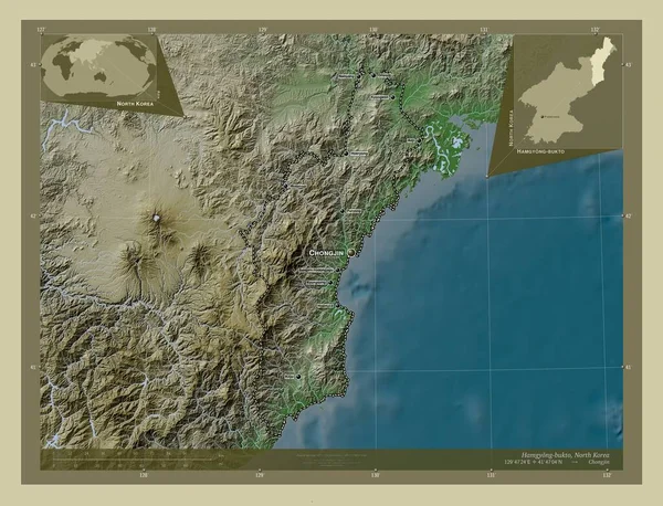 Hamgyong Bukto 北朝鲜省 用Wiki风格绘制的带有湖泊和河流的高程地图 该区域主要城市的地点和名称 角辅助位置图 — 图库照片