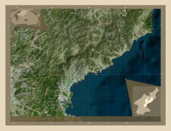 北朝鮮の省 Hamgyong Namdo 高解像度衛星地図 地域の主要都市の場所 コーナー補助位置図 — ストック写真