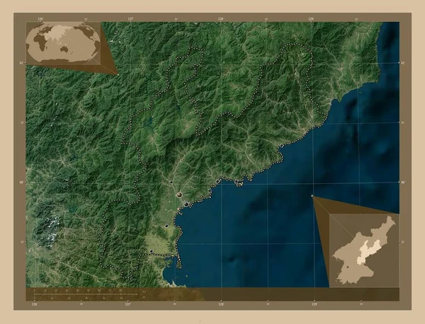 北朝鮮の省 Hamgyong Namdo 低解像度衛星地図 地域の主要都市の場所 コーナー補助位置図 — ストック写真