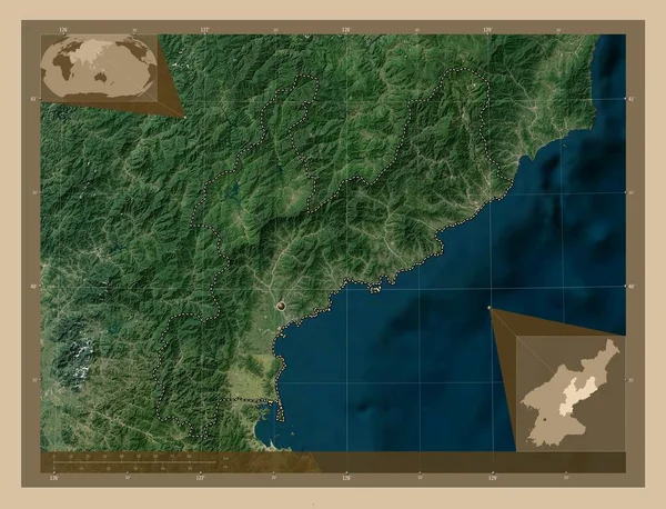 Hamgyong Namdo Provinsen Nordkorea Lågupplöst Satellitkarta Hjälpkartor För Hörnen — Stockfoto