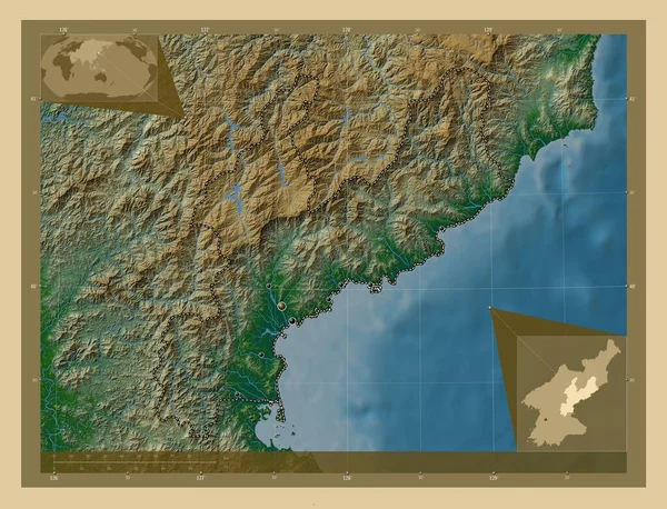 Hamgyong Namdo Επαρχία Της Βόρειας Κορέας Χρωματιστός Υψομετρικός Χάρτης Λίμνες — Φωτογραφία Αρχείου