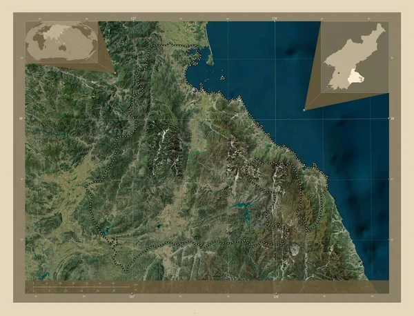 Kangwon 北朝鲜省 高分辨率卫星地图 角辅助位置图 — 图库照片