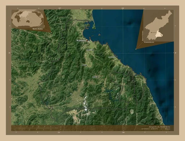 北朝鮮の省 康元堂 低解像度衛星地図 地域の主要都市の位置と名前 コーナー補助位置図 — ストック写真