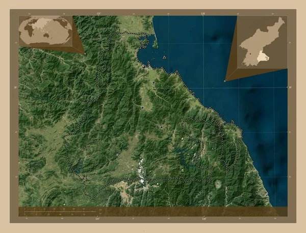 Kangwon 北朝鲜省 低分辨率卫星地图 该区域主要城市的所在地点 角辅助位置图 — 图库照片