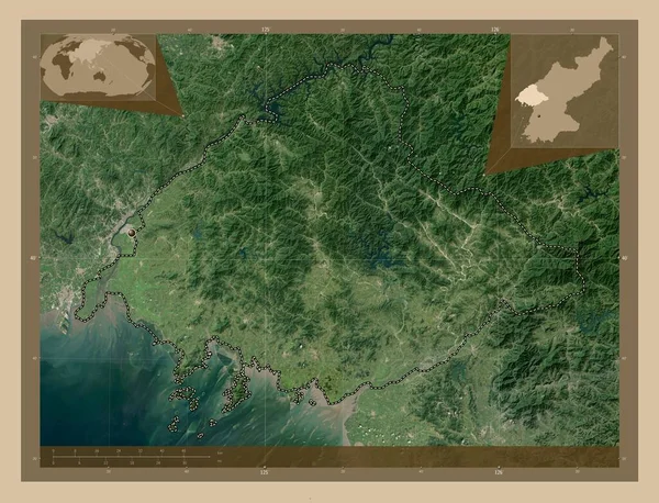 Yongan Bukto Province North Korea Low Resolution Satellite Map Corner — Stock Photo, Image