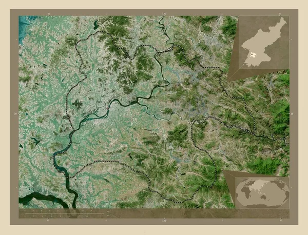 北朝鮮の特別な都市 高解像度衛星地図 コーナー補助位置図 — ストック写真