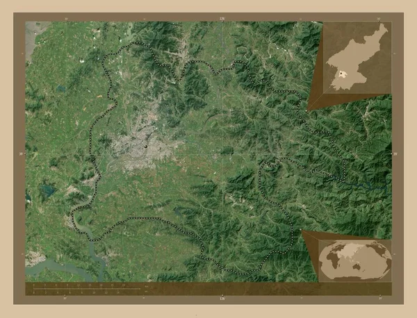 Yongyang 北朝鲜的特殊城市 低分辨率卫星地图 角辅助位置图 — 图库照片