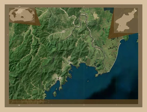 直接统治的城市朝鲜 低分辨率卫星地图 该区域主要城市的所在地点 角辅助位置图 — 图库照片