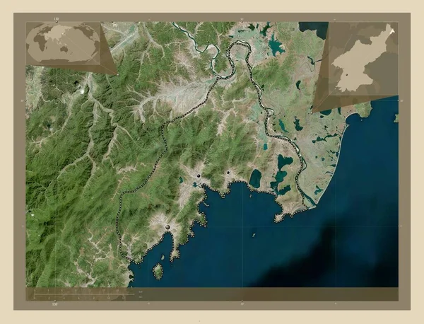直接统治的城市朝鲜 高分辨率卫星地图 该区域主要城市的所在地点 角辅助位置图 — 图库照片
