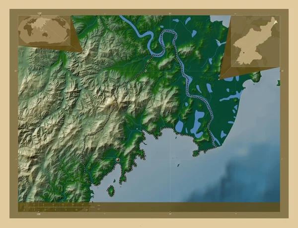 Расон Управляемый Напрямую Городом Северная Корея Цветная Карта Высоты Озерами — стоковое фото