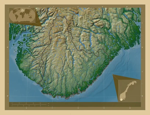 Agder Kreis Norwegen Farbige Übersichtskarte Mit Seen Und Flüssen Standorte — Stockfoto