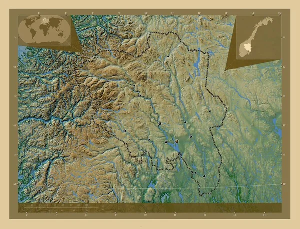 Иннланде Графство Норвегия Цветная Карта Высоты Озерами Реками Места Расположения — стоковое фото