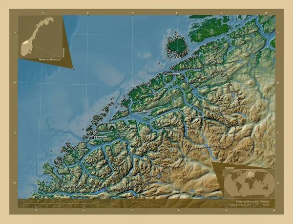Mre Romsdal Okręg Norweski Kolorowa Mapa Wzniesień Jeziorami Rzekami Lokalizacje — Zdjęcie stockowe