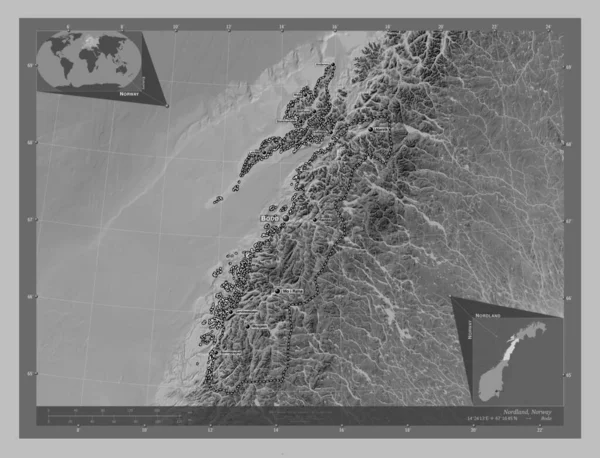Nordland County Norway Grayscale Elevation Map Lakes Rivers Locations Names — Stock Photo, Image