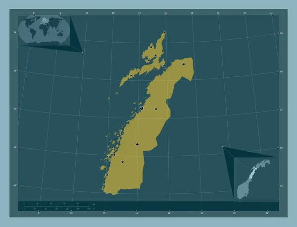 ノルウェー ノルウェーの郡 しっかりした色の形 地域の主要都市の場所 コーナー補助位置図 — ストック写真