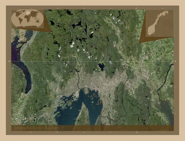 奥斯陆 挪威县 低分辨率卫星地图 该区域主要城市的所在地点 角辅助位置图 — 图库照片