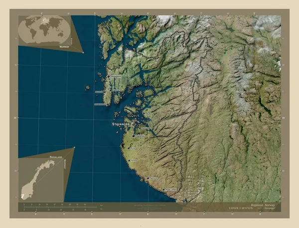Rogaland Okręg Norwegii Mapa Satelity Wysokiej Rozdzielczości Lokalizacje Nazwy Głównych — Zdjęcie stockowe