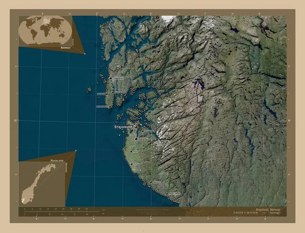 ノルウェーの郡 ロガランド 低解像度衛星地図 地域の主要都市の位置と名前 コーナー補助位置図 — ストック写真