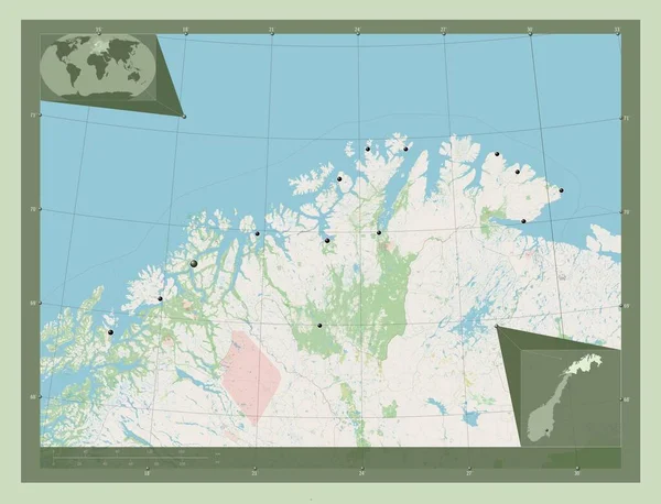 Troms Finnmark Okręg Norweski Otwórz Mapę Ulic Lokalizacje Dużych Miast — Zdjęcie stockowe