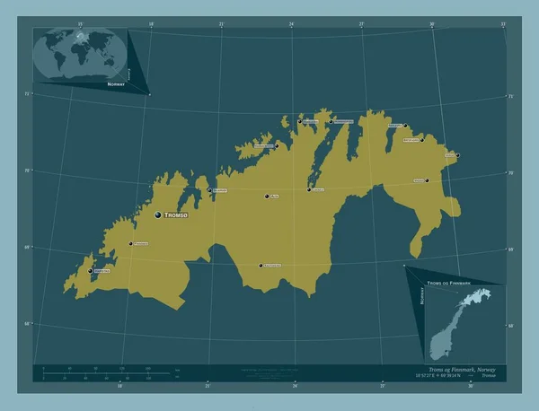 ノルウェーの郡であるトロムス フィンマルク しっかりした色の形 地域の主要都市の位置と名前 コーナー補助位置図 — ストック写真