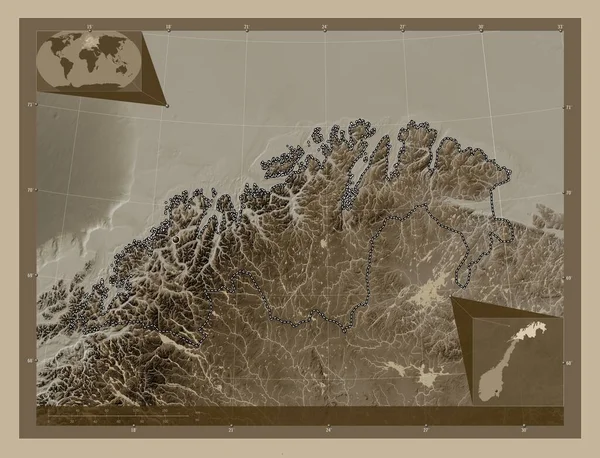 Troms Finnmark County Norway Elevation Map Colored Sepia Tones Lakes — Stock Photo, Image
