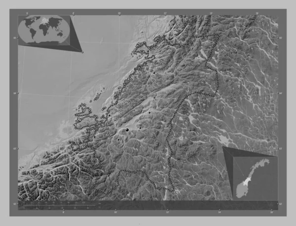 Trndelag Kreis Norwegen Graustufen Höhenkarte Mit Seen Und Flüssen Standorte — Stockfoto