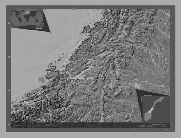 Trndelag Provincie Noorwegen Hoogteplattegrond Met Meren Rivieren Locaties Namen Van — Stockfoto