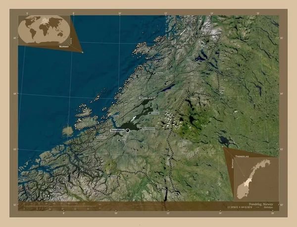 Trndelag Norvégia Megye Kis Felbontású Műholdas Térkép Régió Nagyvárosainak Elhelyezkedése — Stock Fotó