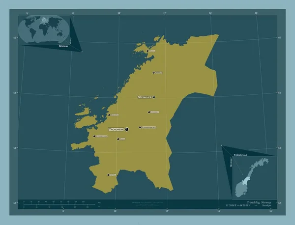 ノルウェーの郡 トランデラグ しっかりした色の形 地域の主要都市の位置と名前 コーナー補助位置図 — ストック写真