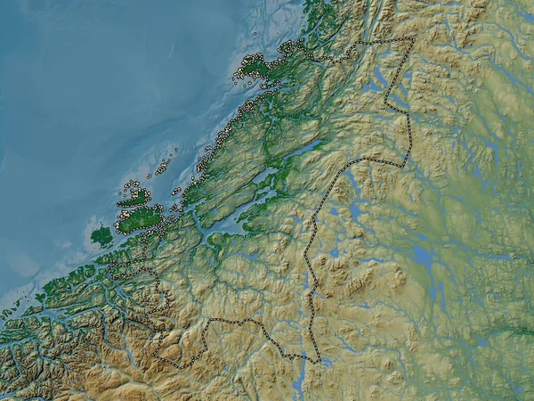 Trndelag Επαρχία Της Νορβηγίας Χρωματιστός Υψομετρικός Χάρτης Λίμνες Και Ποτάμια — Φωτογραφία Αρχείου