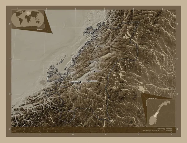 Trndelag Contea Norvegia Mappa Elevazione Colorata Toni Seppia Con Laghi — Foto Stock