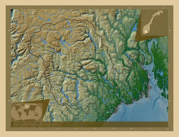 Вестфолд Телемарк Графство Норвегия Цветная Карта Высоты Озерами Реками Места — стоковое фото