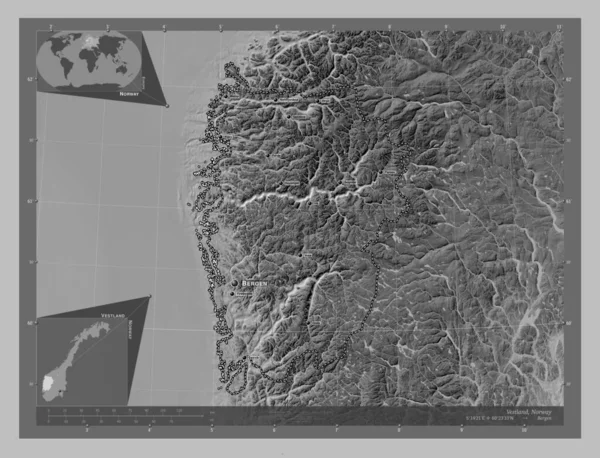 Vestland Contea Norvegia Mappa Elevazione Scala Grigi Con Laghi Fiumi — Foto Stock