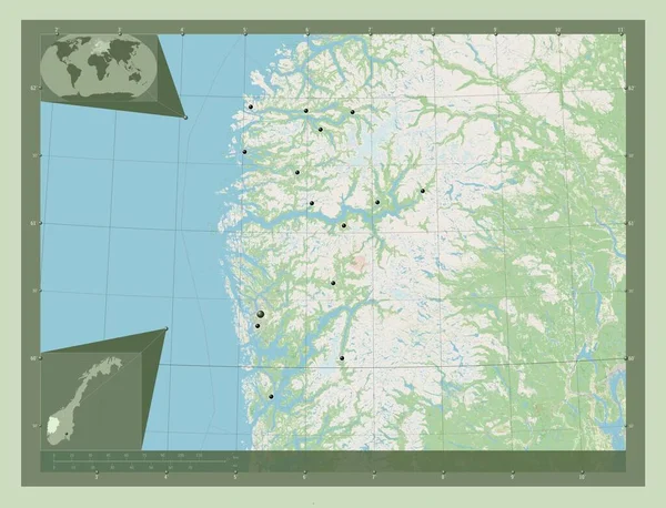 Vestland 挪威县 开放街道地图 该区域主要城市的所在地点 角辅助位置图 — 图库照片