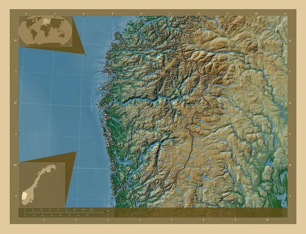 Вестленд Графство Норвегия Цветная Карта Высоты Озерами Реками Вспомогательные Карты — стоковое фото
