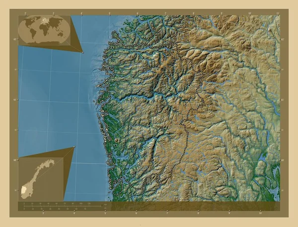 Вестленд Графство Норвегия Цветная Карта Высоты Озерами Реками Места Расположения — стоковое фото