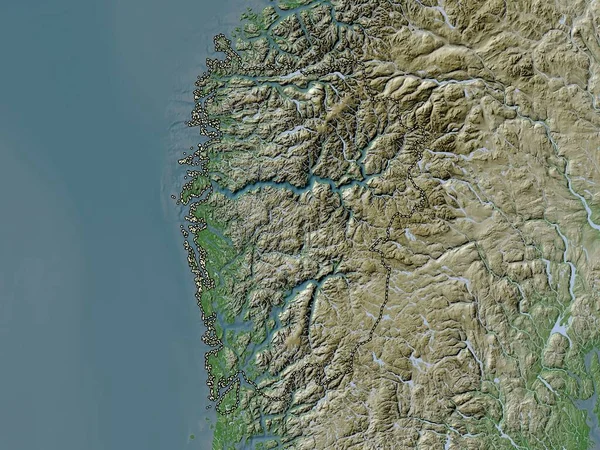 Vestland Condado Noruega Mapa Elevación Coloreado Estilo Wiki Con Lagos —  Fotos de Stock